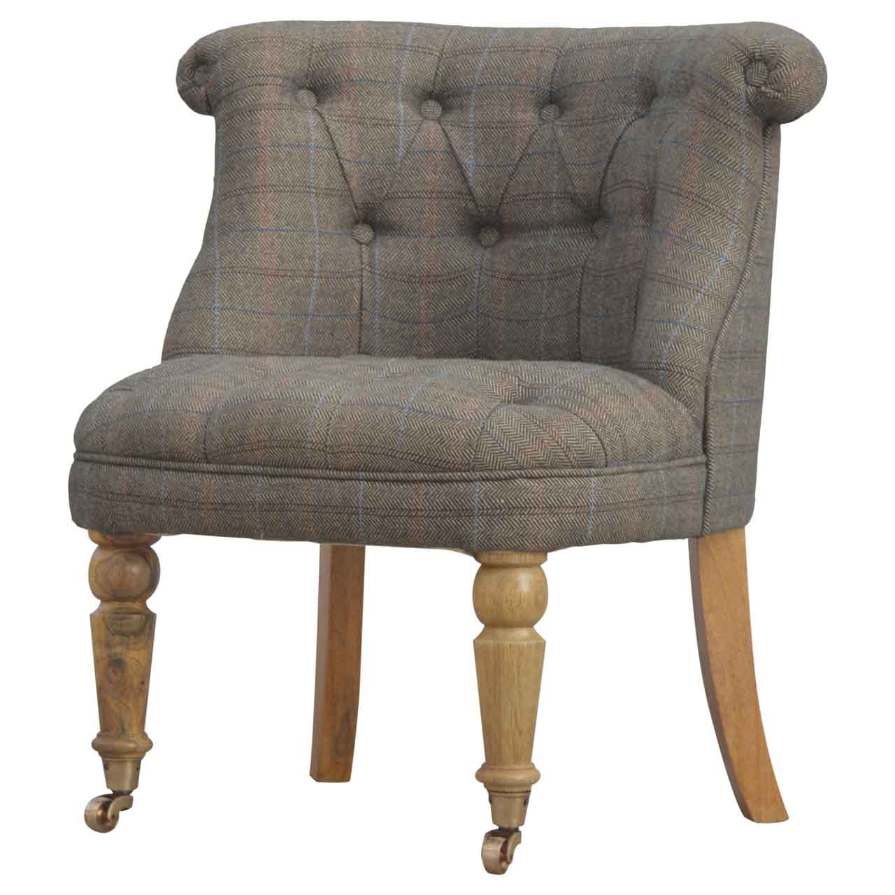 Tweed occasional chair. Grey upholstered chair with wooden legs