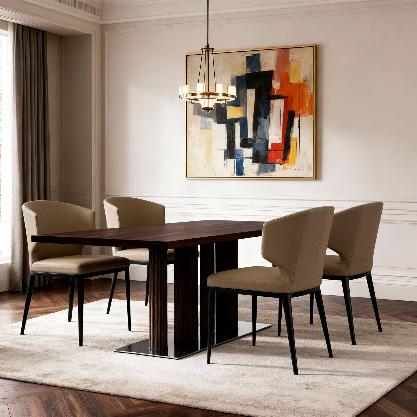 Rectangular Mocha Oak Dining Table with Bronze Base