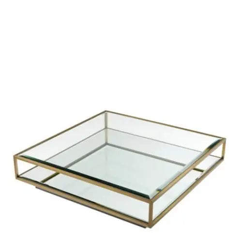 Brushed Brass Coffee Table with Glass & Mirrored Shelf. Square glass coffee table with gold metal frame