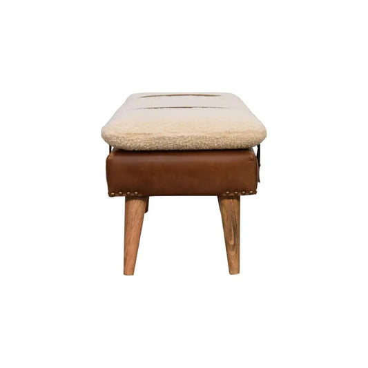cream boucle bench. Bench seat with brown leather and cream white cushion