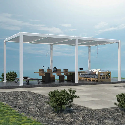 Deluxe White Veranda with Crank Louvered Roof – Elegant All-Season Outdoor Shelter 5.72m x 2.96m D - Pergolas