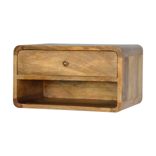 Floating Wooden bedside table with a drawer. Eco-friendly home decor. Sustainable furniture.