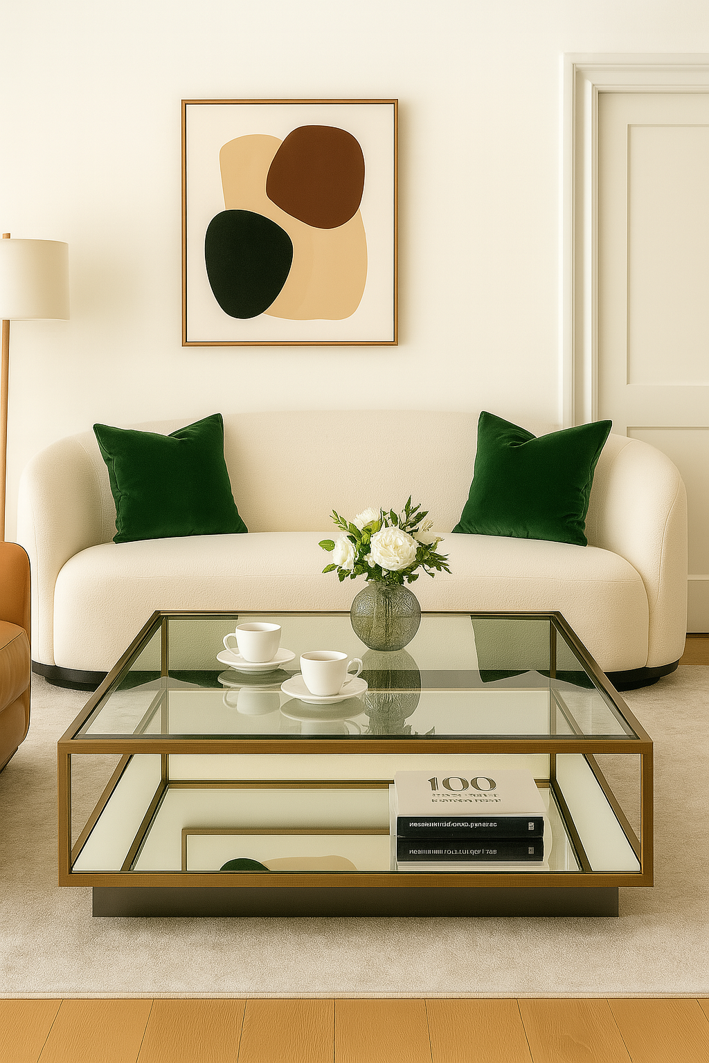 Brushed Brass Coffee Table with Glass & Mirrored Shelf