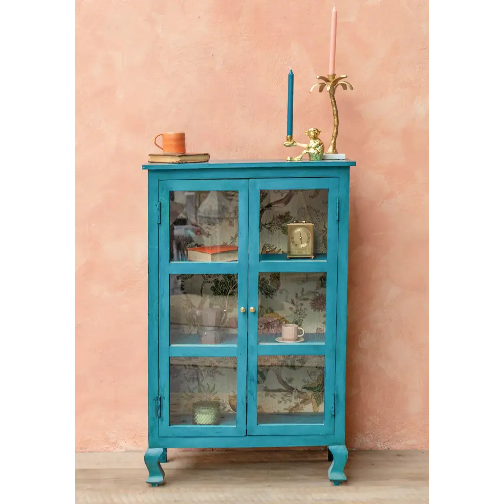 Hand Painted Bookshelf/Cabinet. Turquoise glass-fronted cabinet