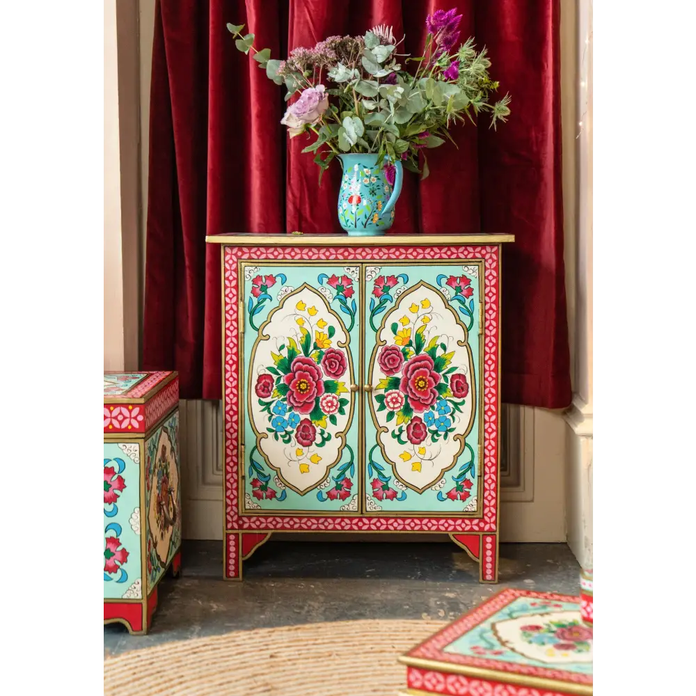 Hand-Painted Double Door Cupboard Decorative cabinet with floral patterns