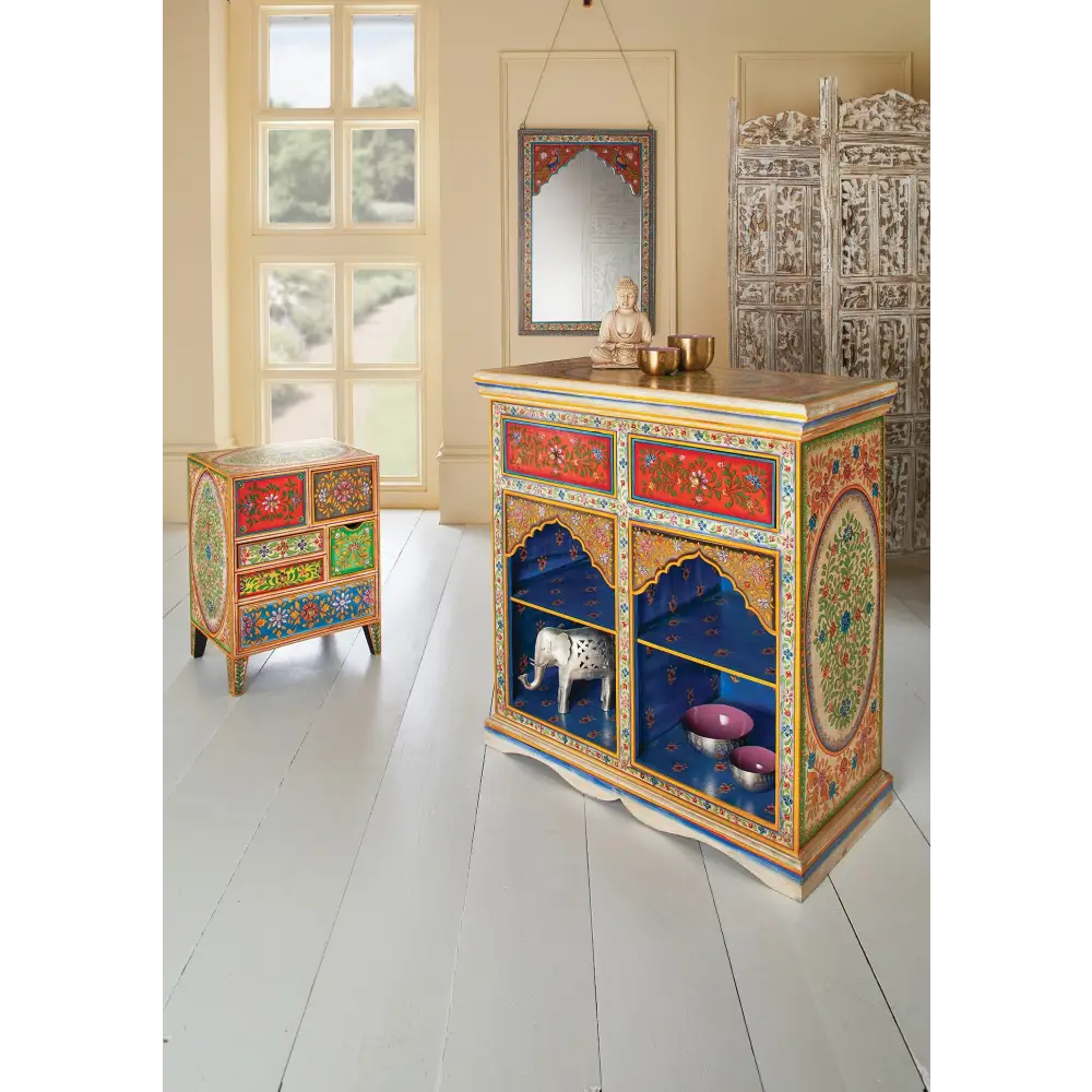 Hand-Painted Mango Wood Console & Bookcase. Decorative cabinet with colourful design