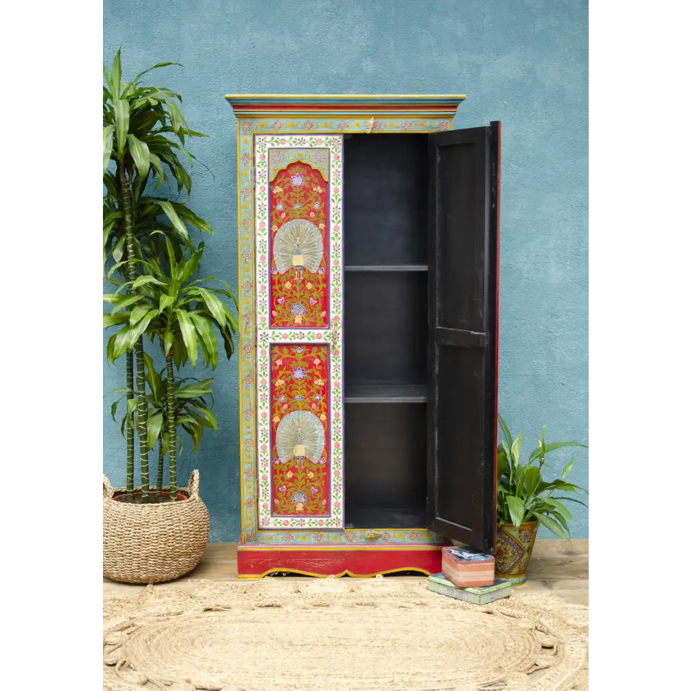 Hand-Painted Tall Cupboard . Decorative cabinet with colourful artwork