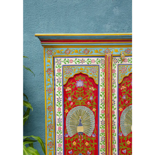 Hand-Painted Tall Cupboard . Decorative piece with peacock design