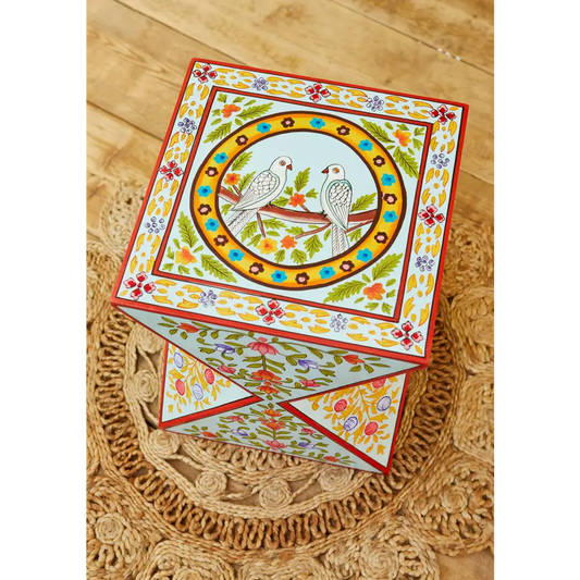 Hand-Painted Square Cut Side Table. Decorative pattern with bird design