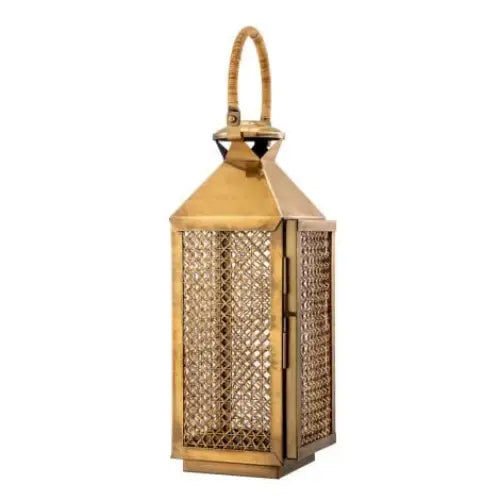 Hurricane Festival S Lantern – Vintage Brass & Natural Rattan