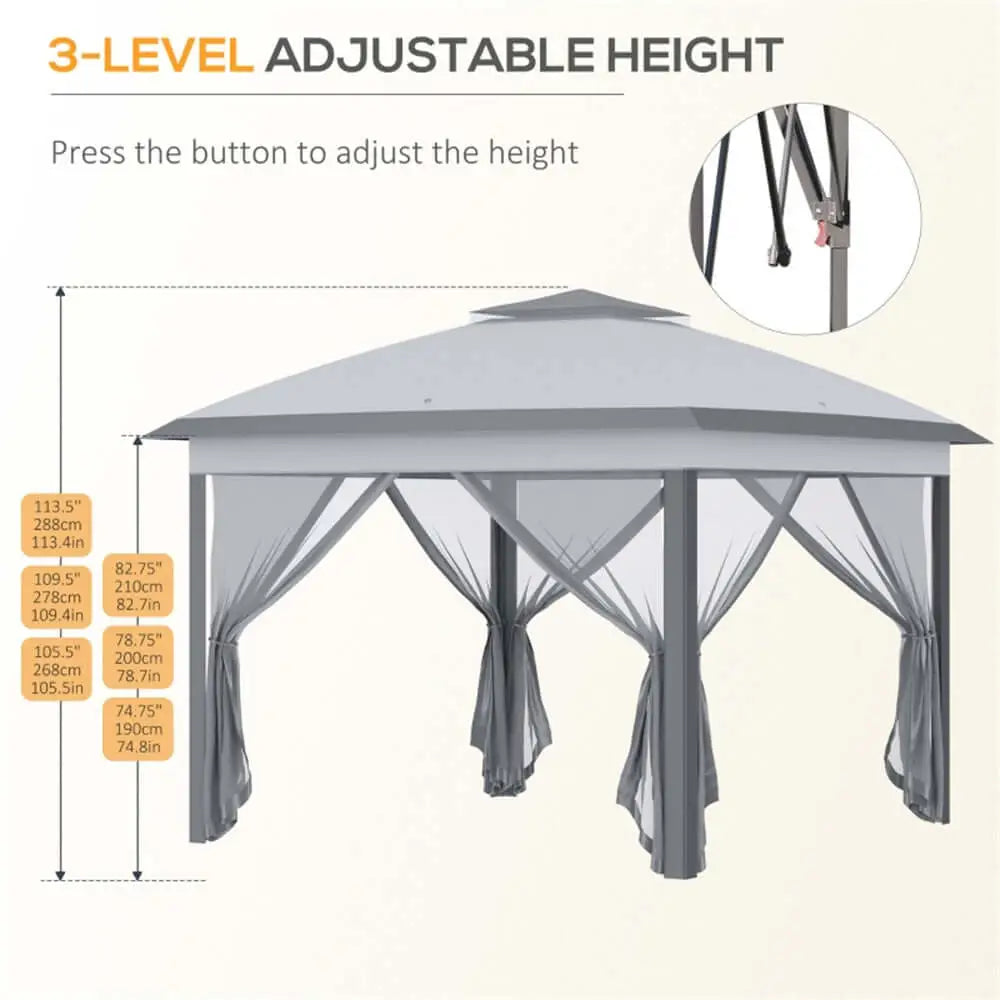 All seasons heavy duty party tent gazebo with sides. Grey outdoor canopy with adjustable height feature