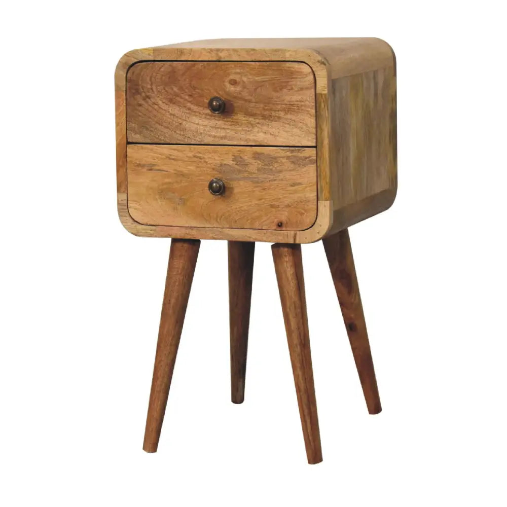 Narrow Wooden bedside table 30cm Max with two drawers. Eco-friendly home decor.