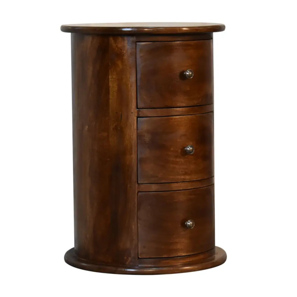 Eco-friendly home decor. Drum Bedside Table with Drawers Wooden cabinet with three drawers. Ethical wood sourcing.