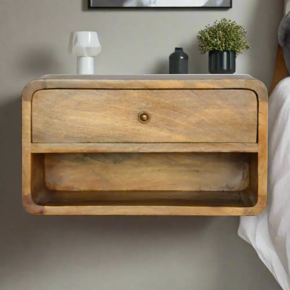 Eco-friendly home decor. Wooden Floating bedside table with shelves and drawer. Wooden bedside table with a drawer. Ethical wood sourcing
