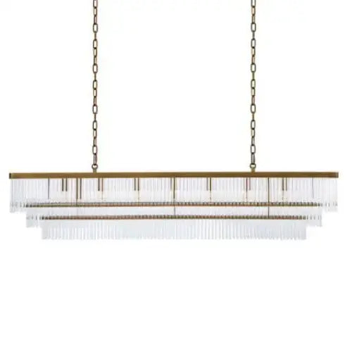 Luxury rectangular 3-tier chandelier with antique brass finish. Chandelier with clear glass panels and brass accents