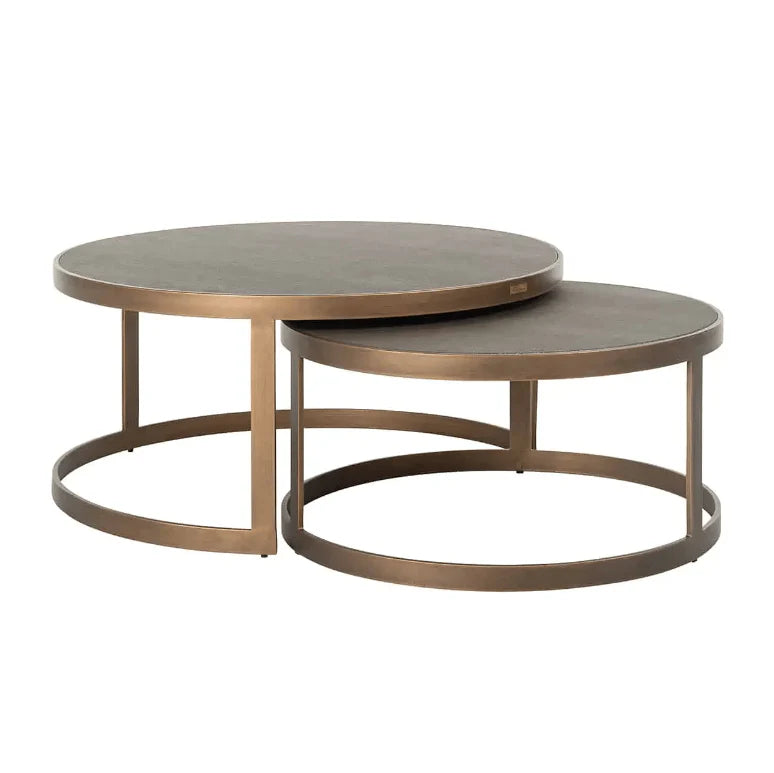 Designer Coffee Table Set of 2 – Segrine Leather, Black Oak & Gold