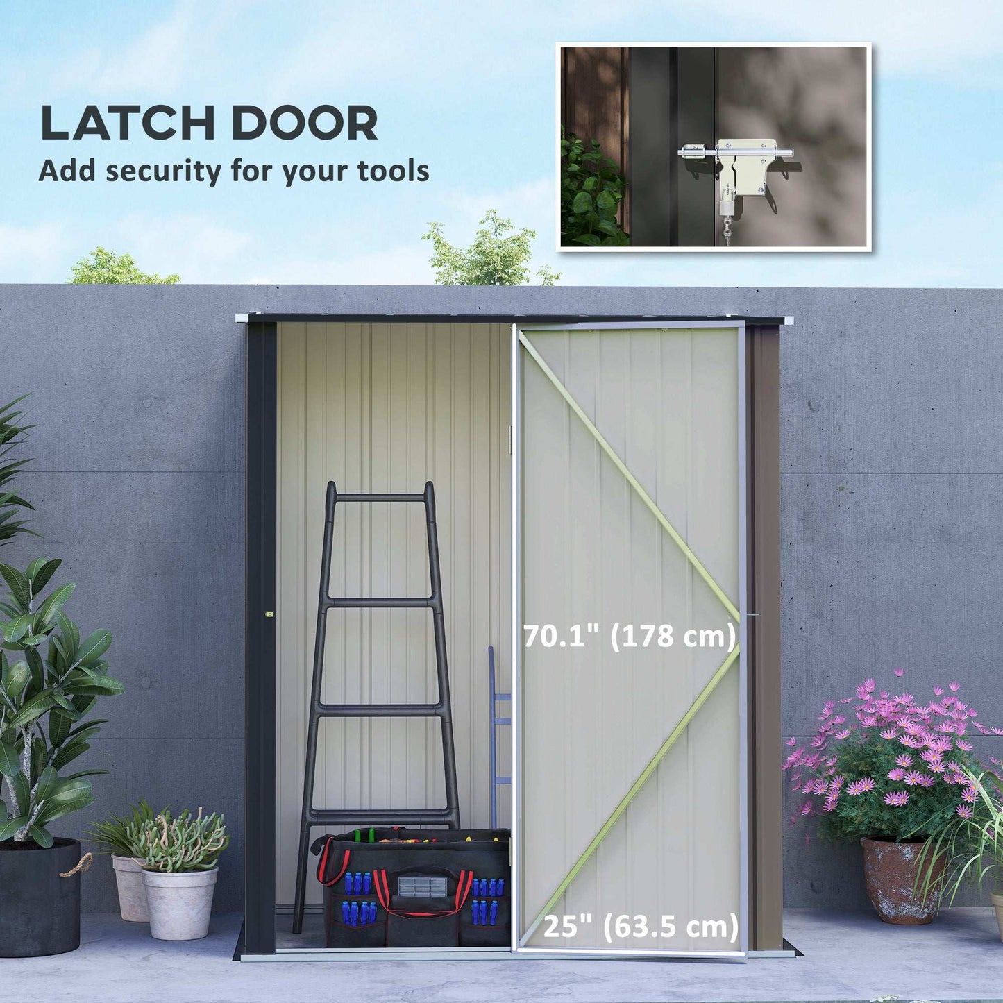Lockable garden metal bike storage shed. Latch Door.