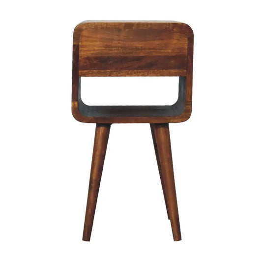 Tall and narrow wooden bedside cabinet with a single drawer. Eco-friendly home decor. Sustainable furniture.