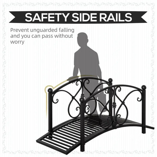 Vintage style steel frame garden bridge. Black metal safety side rails