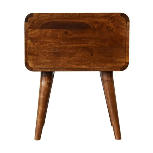 Wood side table 55cm wide with a brown finish. Sustainable furniture. Eco-friendly home decor.