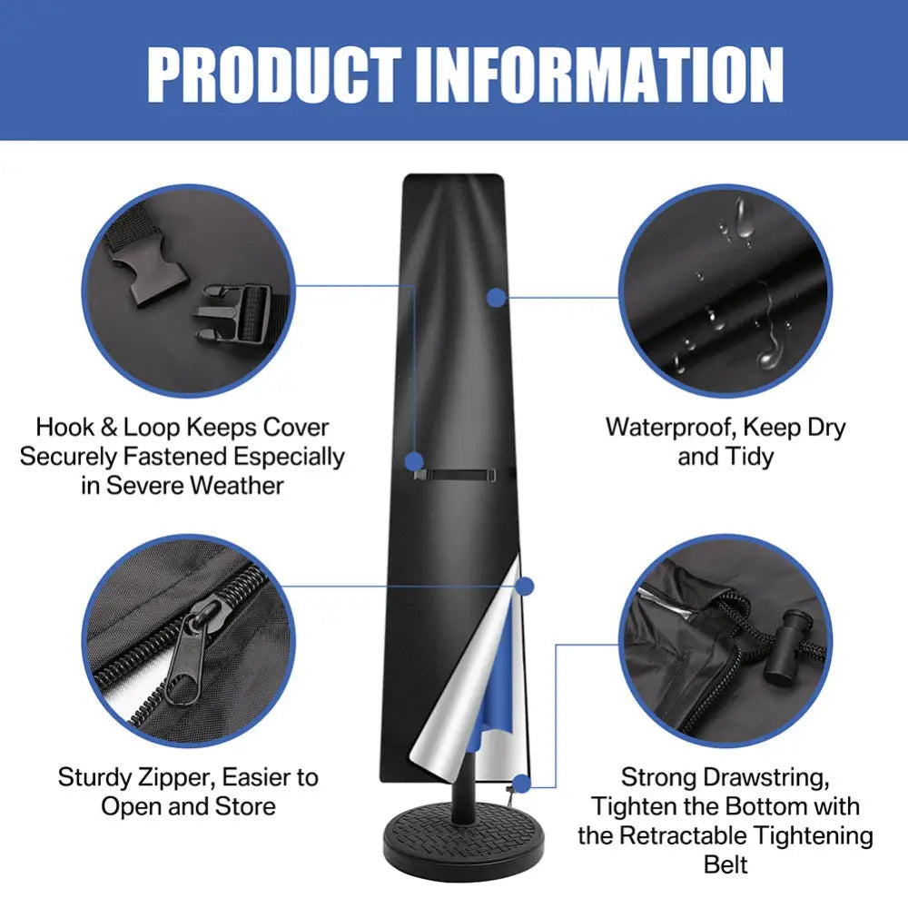 Large heavy duty garden parasol cover with zip 280cm uk. Product information graphic for a black outdoor umbrella cover with features highlighted.