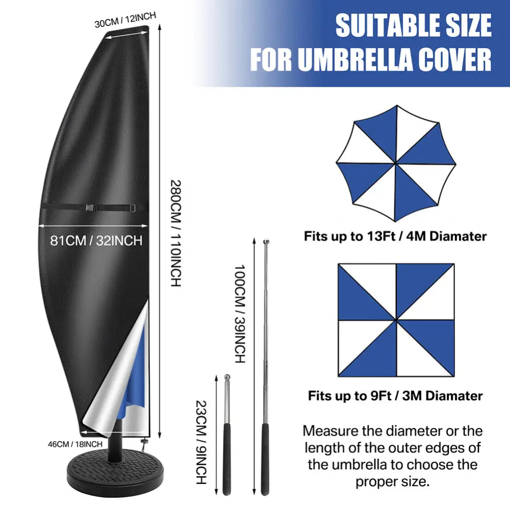 Large heavy duty garden parasol cover with zip 280cm uk. Measurement chart for umbrella cover size