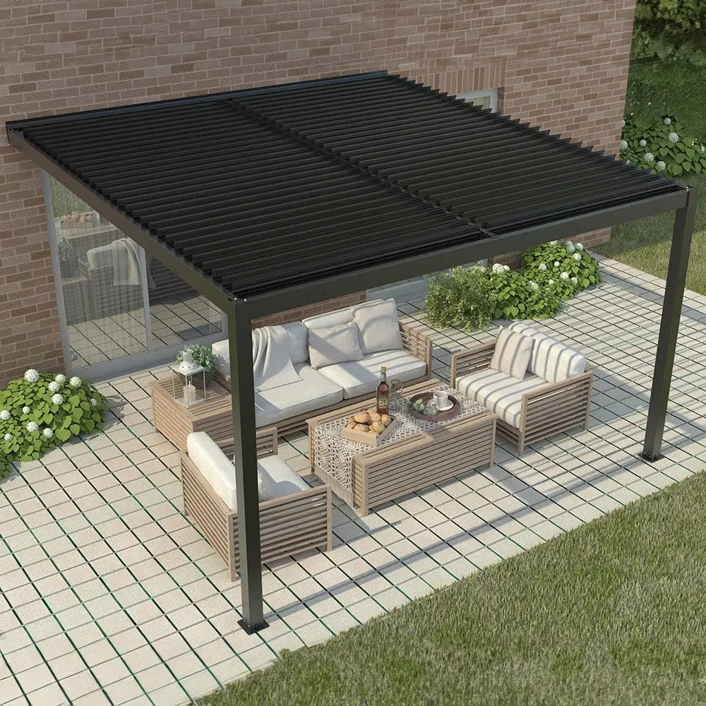 Wall mounted veranda with roof.retractable vented black awning.