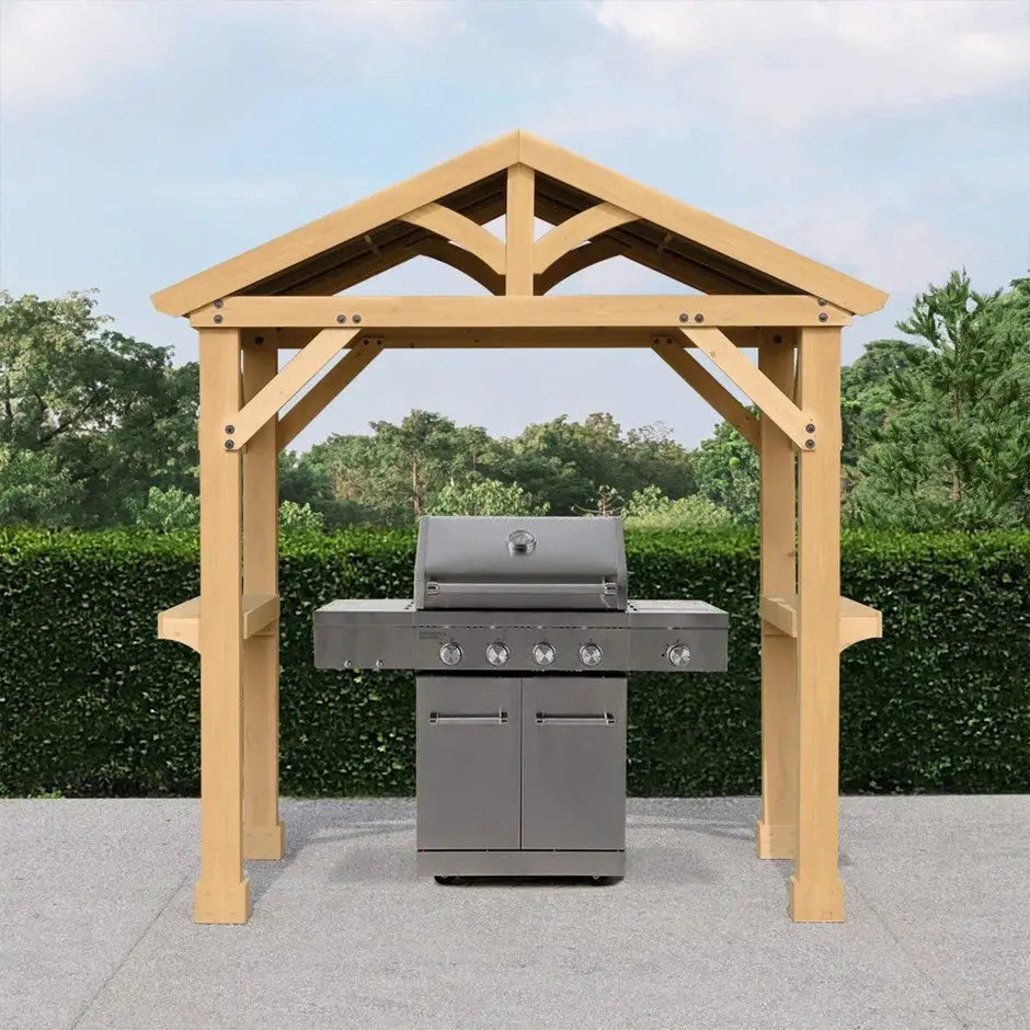 5.8ft x 8ft Cedar Grilling Pavilion with Aluminium Roof and Side Shelves - Garden BBQ Gazebo
