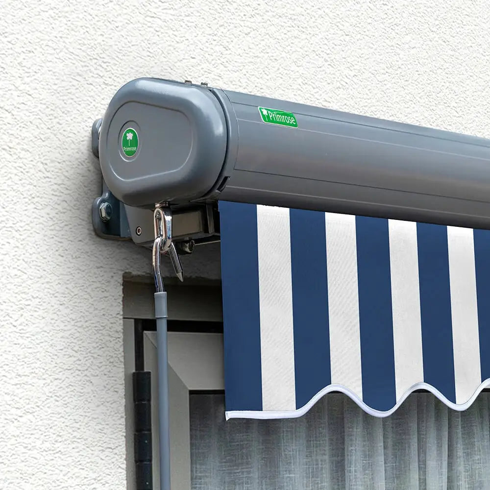 5m Full Cassette Electric Awning in Charcoal with Blue & White Stripes - Gazebo