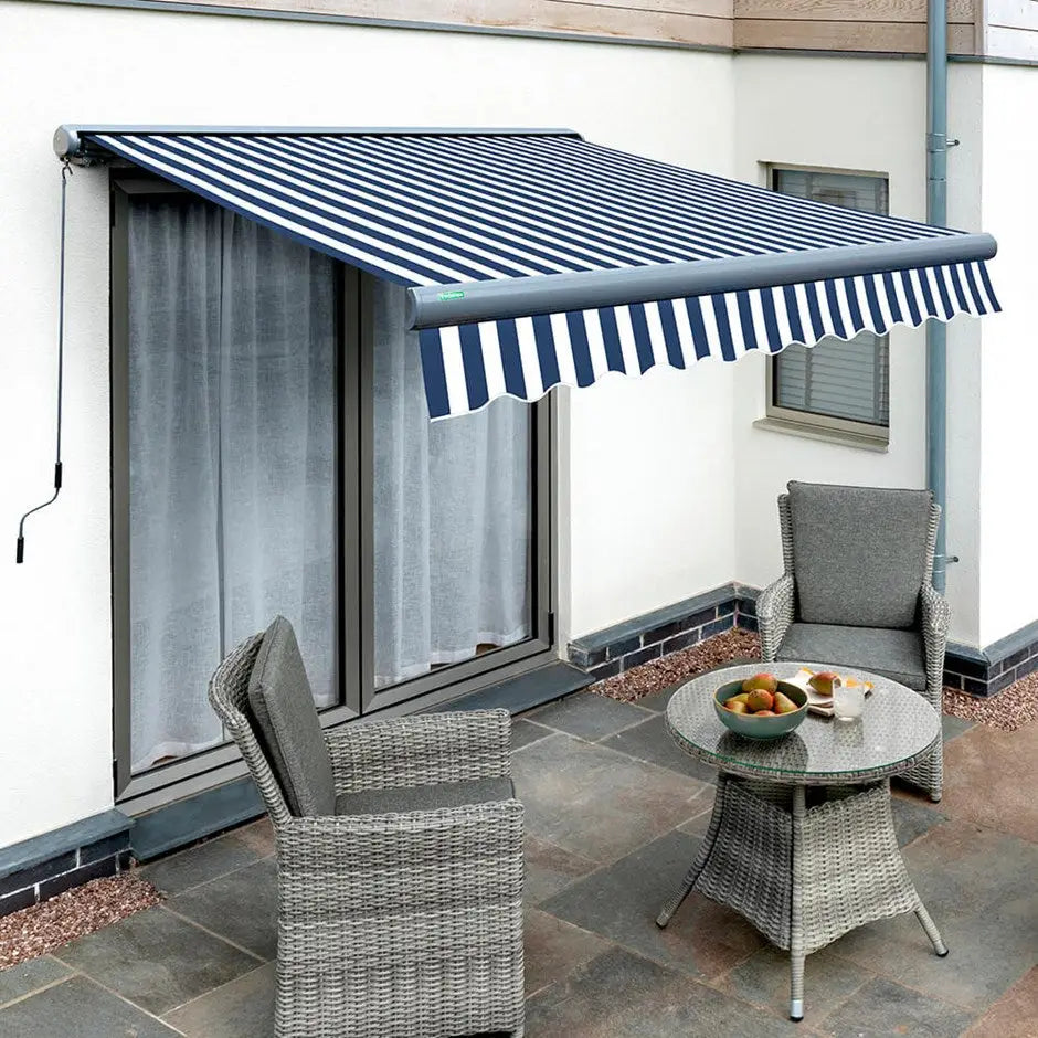 5m Full Cassette Electric Awning in Charcoal with Blue & White Stripes - Gazebo