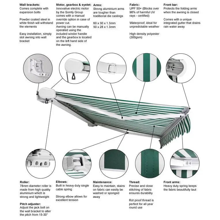 5m Full Cassette Electric Awning in Charcoal with Blue & White Stripes - Gazebo