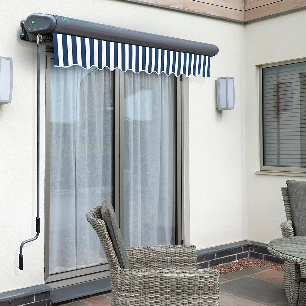 5m Full Cassette Electric Awning in Charcoal with Blue & White Stripes - Gazebo