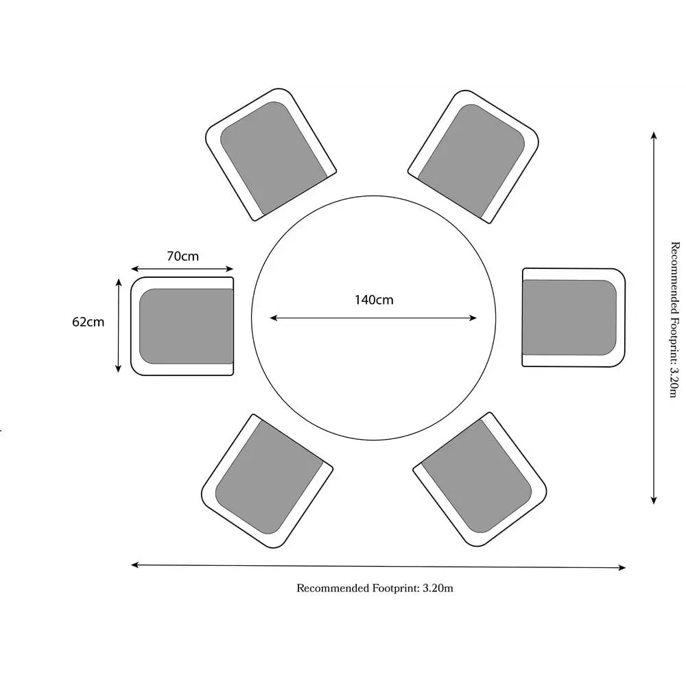 Diagram showing the arrangement and dimensions of six square chairs around a round table.