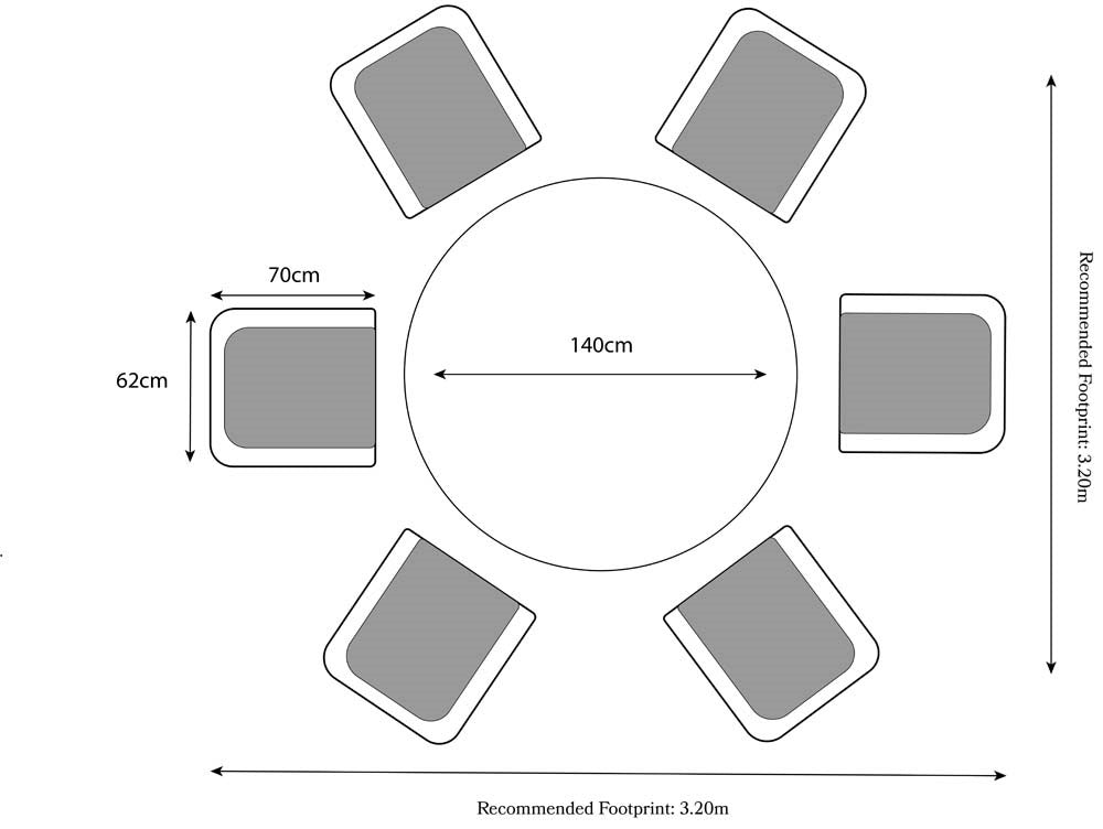 Diagram showing the arrangement and dimensions of six square chairs around a round table.