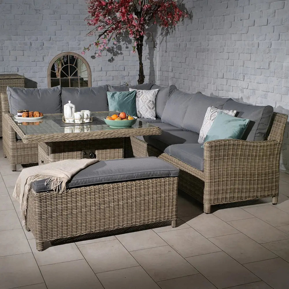 8-Seater Luxury Rattan 8-Seater Luxury Rattan Firepit Corner Dining Set with Spraystone Table – Woodfalls EliteCorner