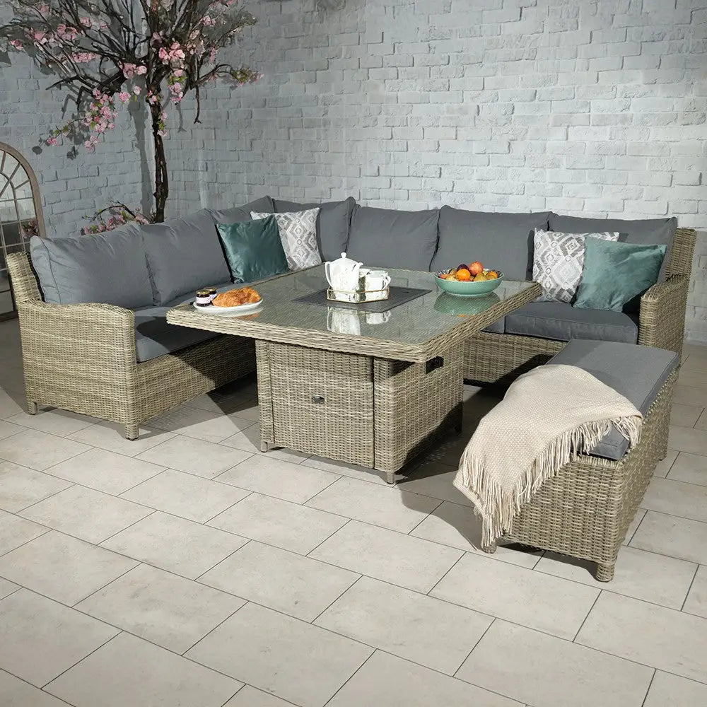 8-Seater Luxury Rattan 8-Seater Luxury Rattan Firepit Corner Dining Set with Spraystone Table – Woodfalls EliteCorner