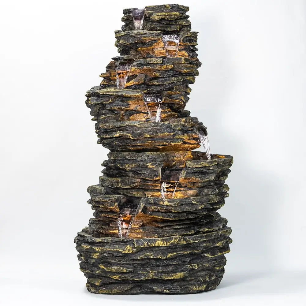 8-Tier Rock Cascade Water Feature with Halogen Lights – Indoor & Outdoor - Fountains