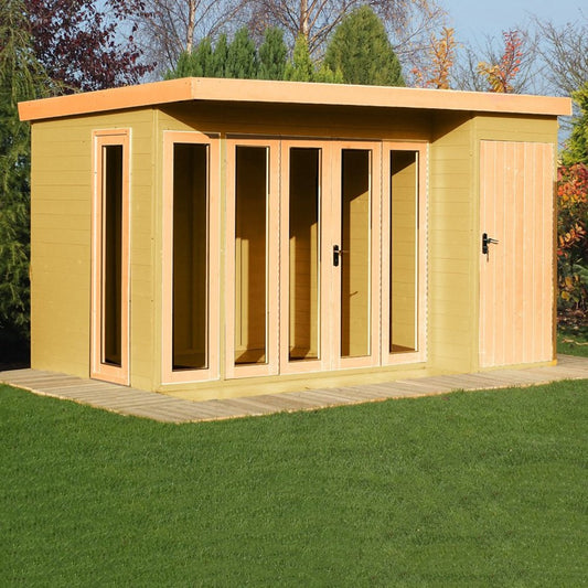 Contemporary Summerhouse with Folding Doors, Decking & Storage Shed – 12ft Timber Garden Retreat