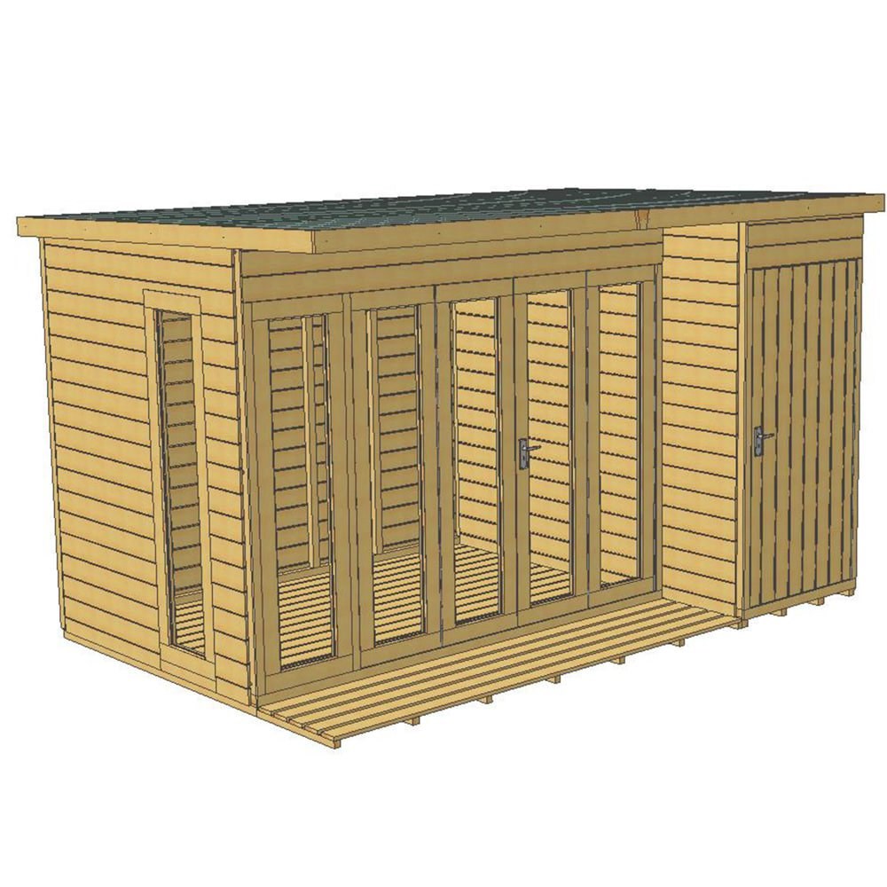 Contemporary Summerhouse with Folding Doors, Decking & Storage Shed – 12ft Timber Garden Retreat