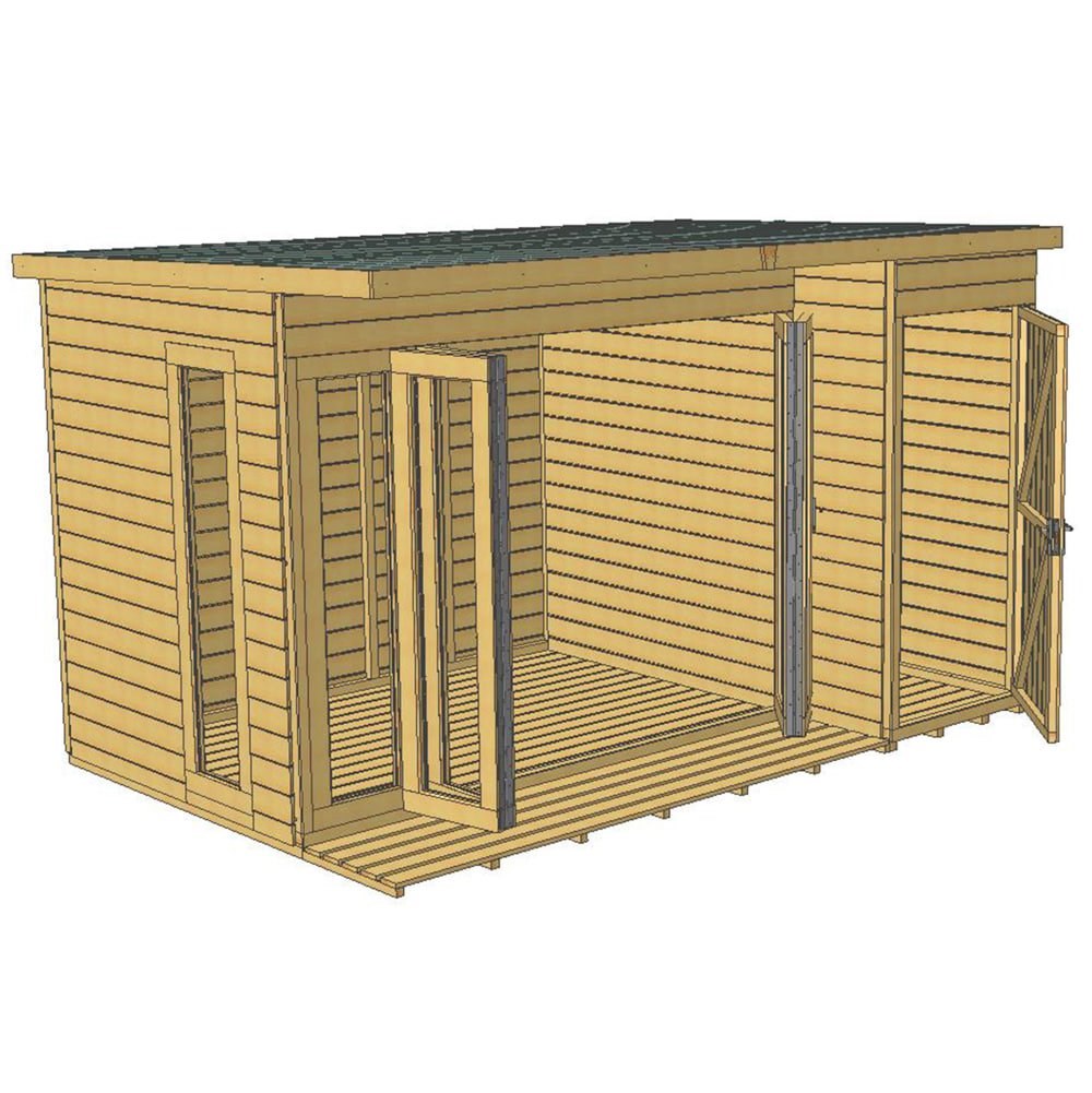 Contemporary Summerhouse with Folding Doors, Decking & Storage Shed – 12ft Timber Garden Retreat