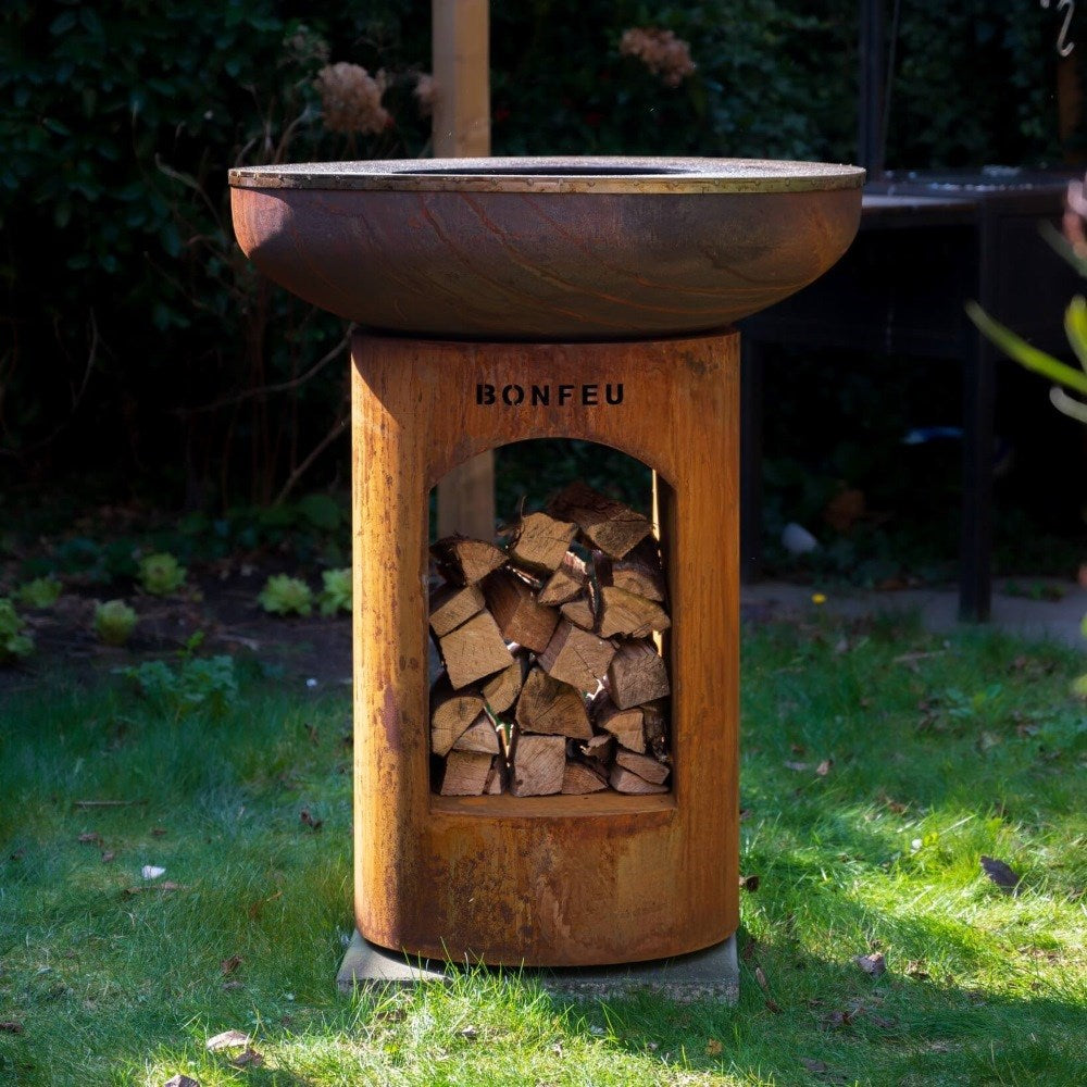 Luxury Outdoor Plancha Cooking Station with Wood Storage – Black or Corten Steel Finish