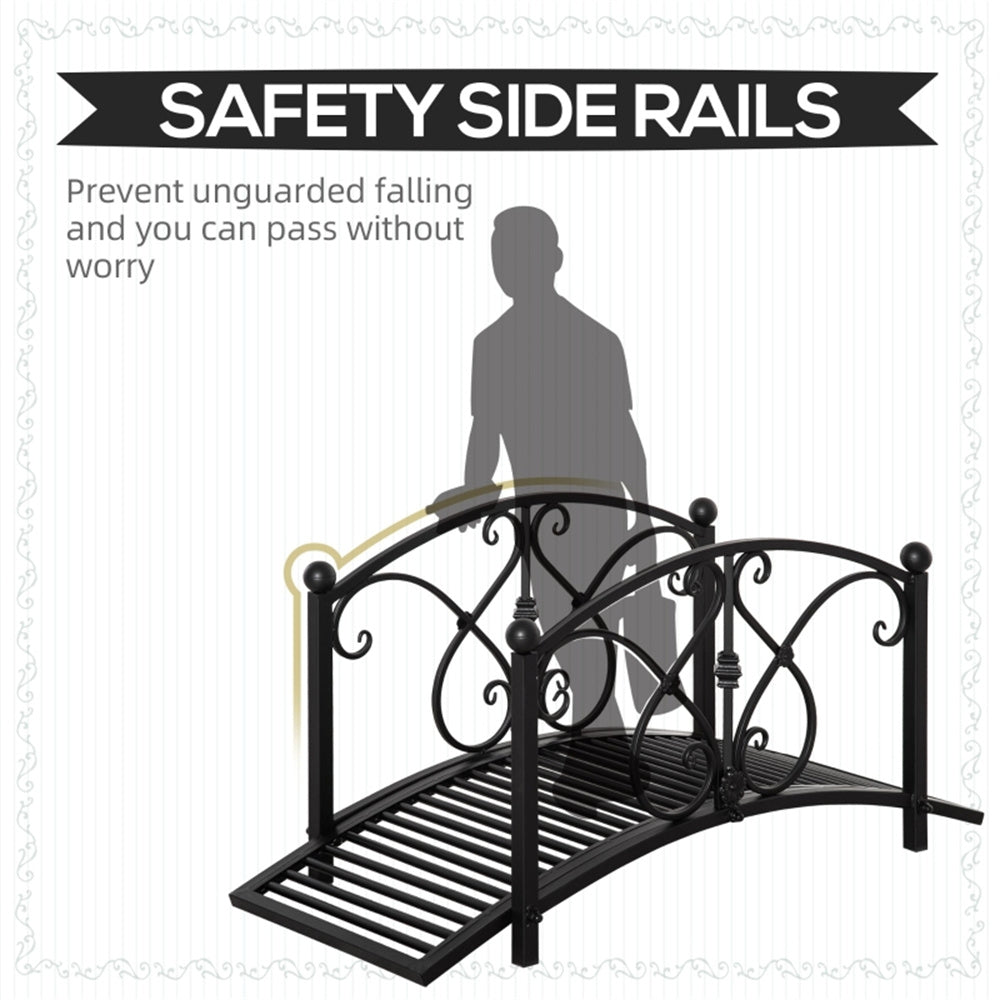 Vintage style steel frame garden bridge. Black metal safety side rails 