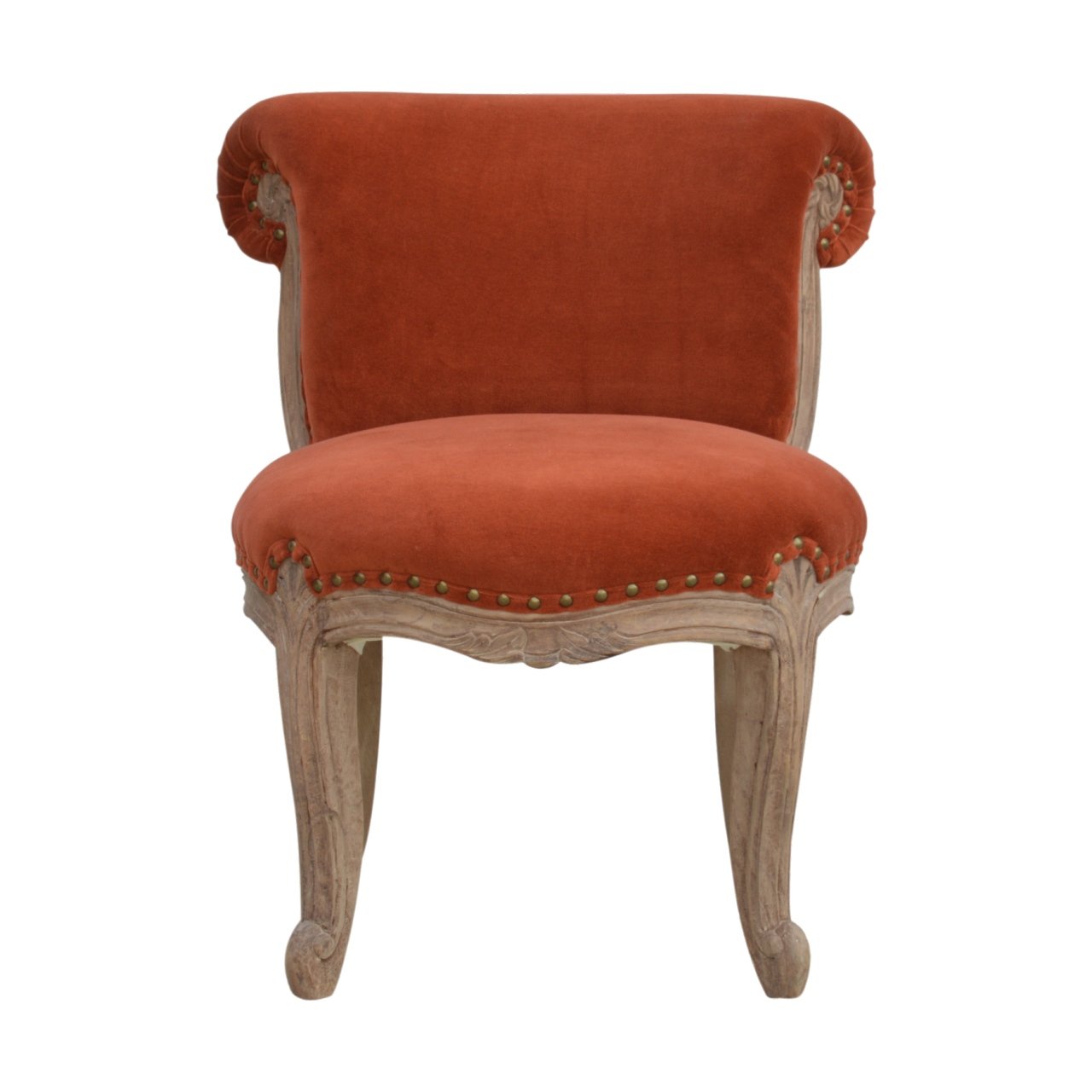 French Style Chair. Orange velvet chair with wooden frame. Available in various sumptuous colours