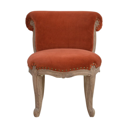 French Style Chair. Orange velvet chair with wooden frame. Available in various sumptuous colours