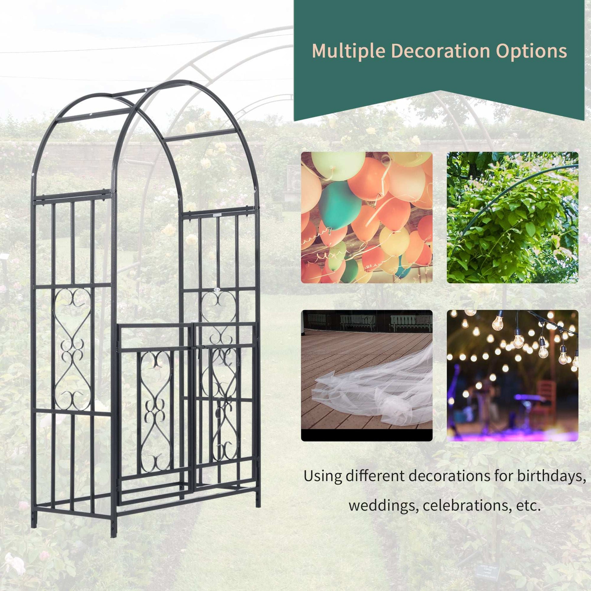 Elegant steel garden arch with gate. Decorative metal arch 