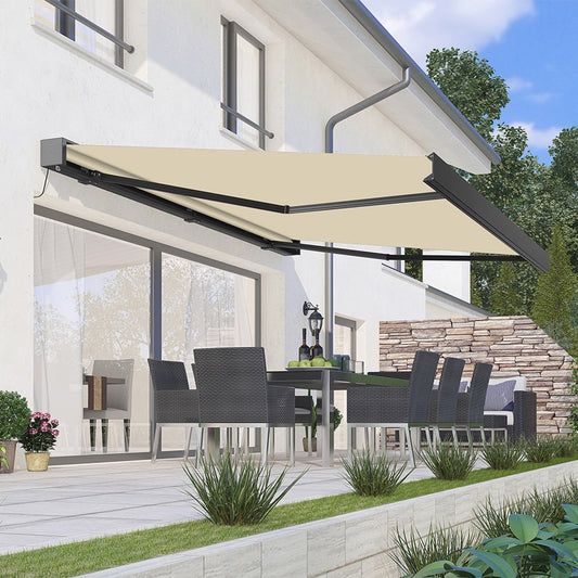 Deluxe Wireless Electric Awning with LED Lighting – Ivory Canopy & Charcoal Cassette