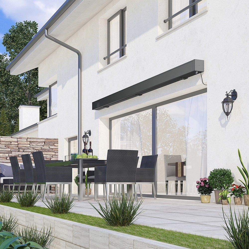 Deluxe Wireless Electric Awning with LED Lighting – Ivory Canopy & Charcoal Cassette