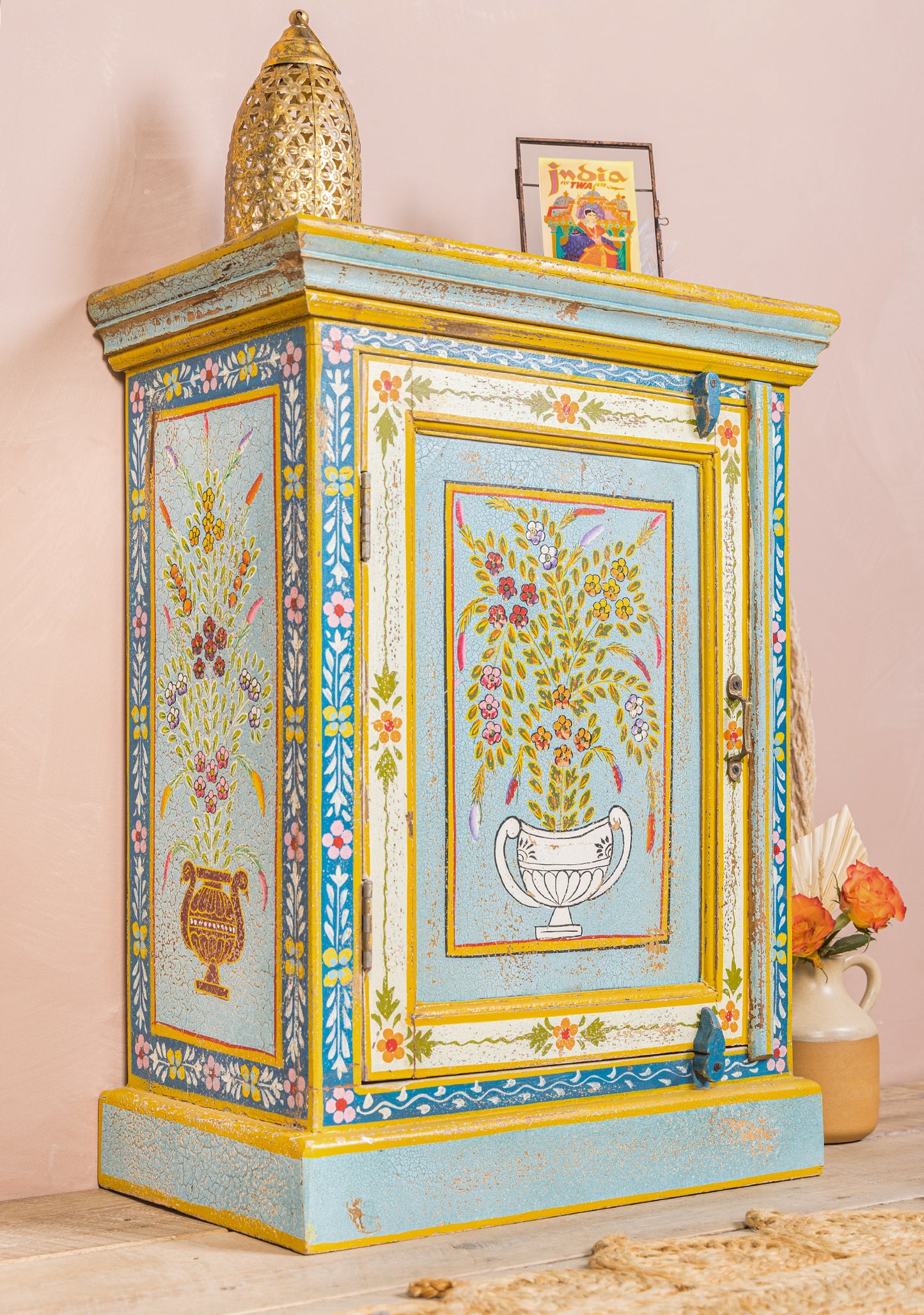Hand-Painted Vintage Bedside Cabinet | Floral Artwork