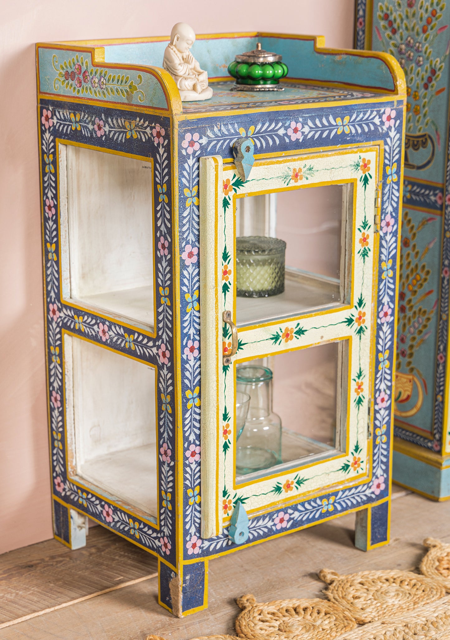 Hand-Painted Glazed Display Cabinet | Three-Sided Vintage Showcase