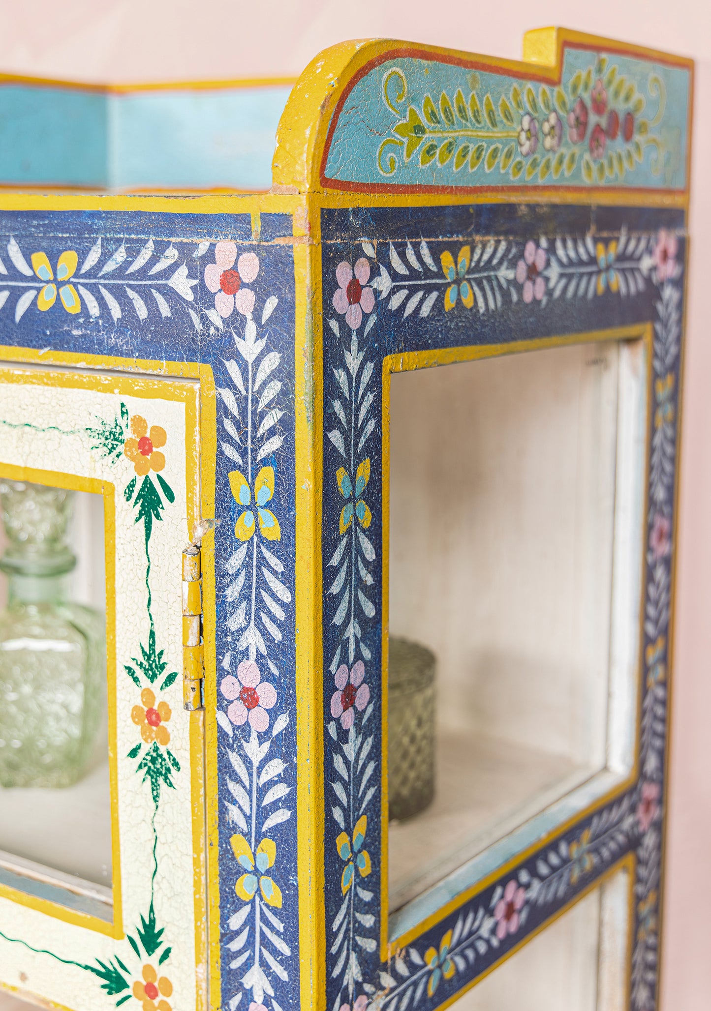 Hand-Painted Glazed Display Cabinet | Three-Sided Vintage Showcase